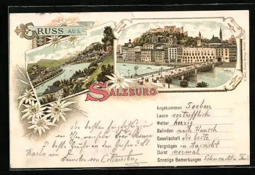 Lithographie Salzburg, Ortsansicht mit Brücke