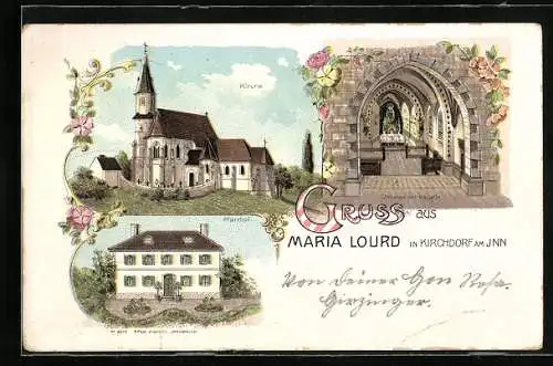 Lithographie Kirchdorf am Inn, Kirche Maria Lourd, Inneres der Kapelle, Pfarrhof