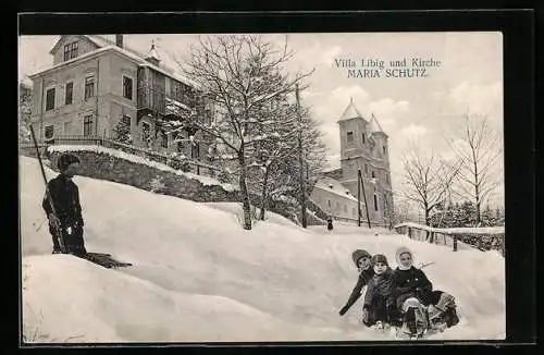 AK Maria Schutz, Villa Libig und Kirche im Schnee