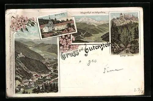Lithographie Gutenstein, Maria Hilf, Klosteratal mit Schneeberg, Lange Brücke