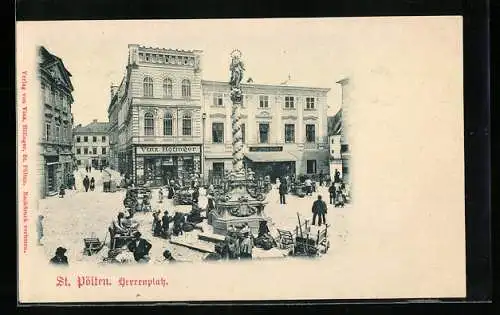 AK St. Pölten, Herrenplatz mit Haus Vinz. Höfinger und Marienstatue