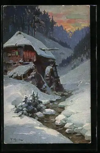 Künstler-AK Fritz Reiss: Schwarzwald-Mühle an einem Winterabend