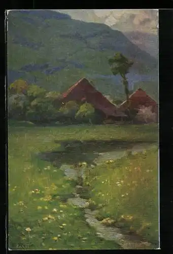 Künstler-AK Fritz Reiss: Häuser an einer blühenden Frühlingswiese, Frühling im Schwarzwald