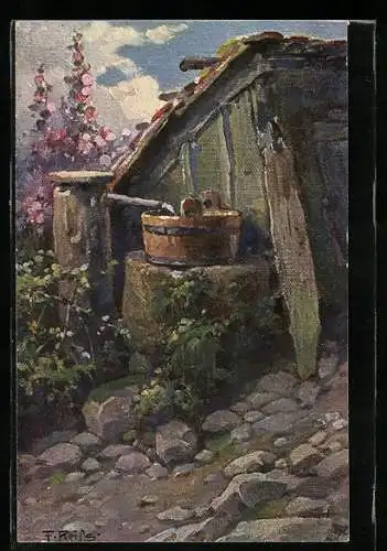 Künstler-AK Fritz Reiss: Ein Holzeimer wird mit Wasser befüllt, Schwarzwaldquellen