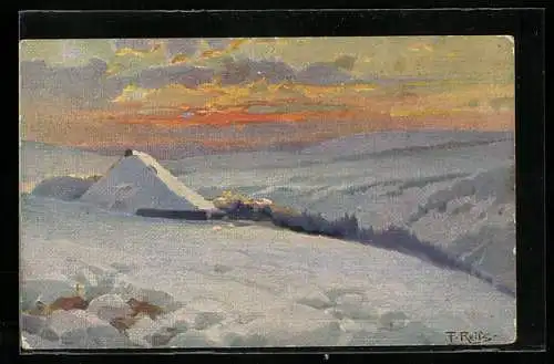 Künstler-AK Fritz Reiss: Winter im Schwarzwald, eingeschneite Landschaft