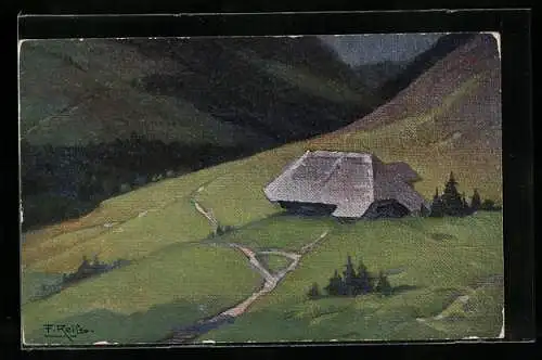 Künstler-AK Fritz Reiss: Eine einsame Hütte am Berghang, Sommer im Schwarzwald