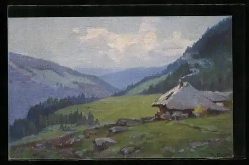 Künstler-AK Fritz Reiss: Eine Berghütte mit rauchendem Schornstein, Sommer im Schwarzwald