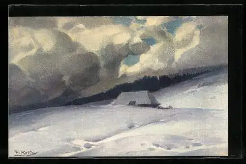 Künstler-AK Fritz Reiss: Eine einsame Berghütte im Schnee