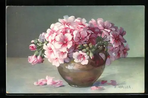Künstler-AK Anna Haller: Rosa Blumen in einer braunen Vase