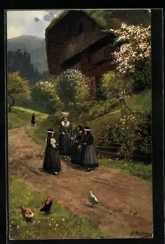 Künstler-AK H. Hoffmann: Frauen nach dem Kirchgang in badischer Tracht unterhalten sich