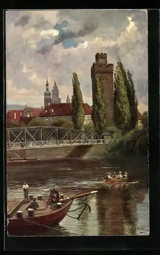 Künstler-AK H. Hoffmann: Heidelberg, Partie am Neckar mit dem Götzenturm