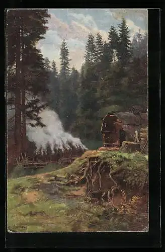 Künstler-AK Heinrich Hoffmann: Köhlerhütte im Schwarzwald