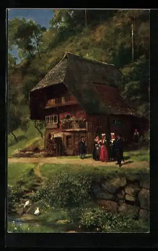 Künstler-AK H. Hoffmann: Einwohner in Tracht neben einem Bauernhaus aus dem Schapbachtal