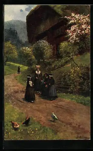 Künstler-AK H. Hoffmann: Frauen nach dem Kirchgang in badischer Tracht unterhalten sich