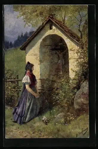 Künstler-AK Heinrich Hoffmann: Am Bildstöckel, Frau in Tracht