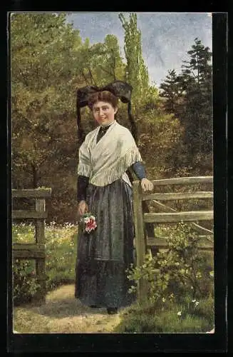 Künstler-AK H. Hoffmann: Markgräflerin in Tracht an einem Tor