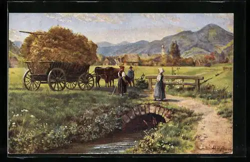 Künstler-AK H. Hoffmann: Erntesegen, Bauernfamilie mit Heuwagen mit Ochsengespann