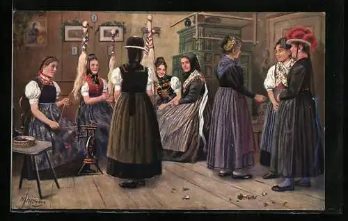 Künstler-AK H. Hoffmann: Damen in Trachten in der Spinnstube