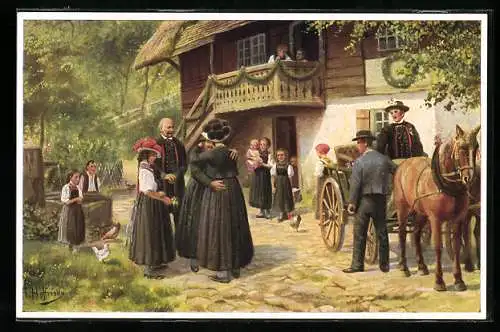 Künstler-AK H. Hoffmann: Familie in Schwarzwälder Tracht vor Bauernhaus