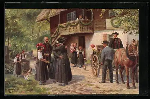 Künstler-AK H. Hoffmann: Abschied vom Elternhaus, Trachten, Pferdegepann, Hühner