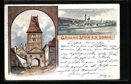 Lithographie Stein a. d. Donau, Stadt-Tor, Teilansicht