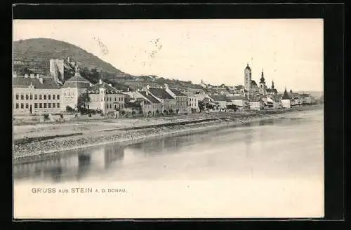 AK Stein a. d. Donau, Teilansicht mit Kirche