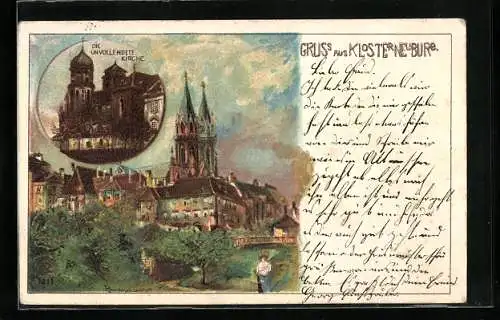 Lithographie Klosterneuburg, Kloster und die unvollendete Kirche
