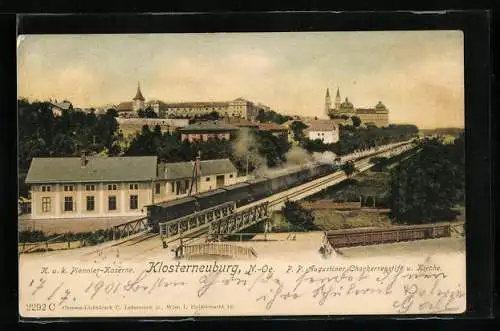 AK Klosterneuburg, Teilansicht mit Eisenbahn