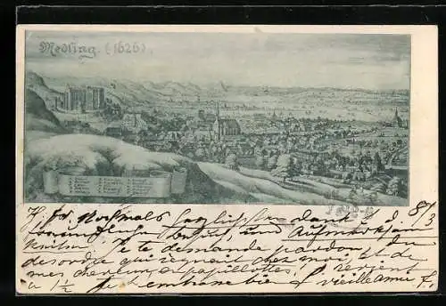 Lithographie Mödling, Teilansicht mit Pfarrkirche, Rathaus und Wartberg