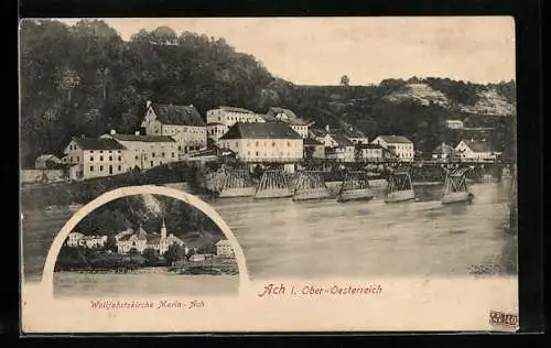 AK Ach, Ortsansicht mit Brückenpartie, Wallfahrtskirche Maria-Ach