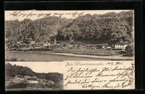 AK Ach /Oberösterreich, Uferpartie mit Kirche, Brücke