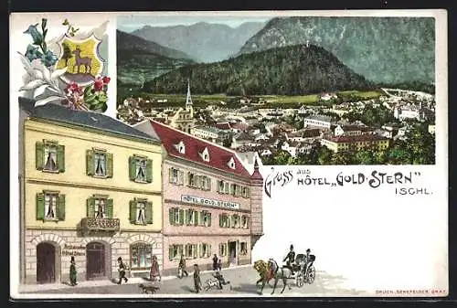Künstler-AK Ischl, Hotel-Restaurant goldener Stern, Ortsansicht