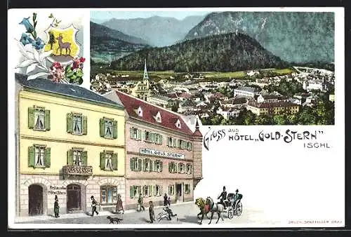 Künstler-AK Ischl, Hotel-Restaurant goldener Stern, Ortsansicht