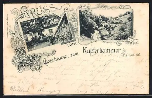 Passepartout-AK Haibach /O. Ö., Gasthaus zum Kupferhammer, Hofansicht, Ansicht mit Umgebung, Ornamente