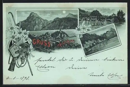 Mondschein-Lithographie Traunkirchen, Sonnensteintunnel, Ortsansicht mit Bergpanorama, Stilleben mit Wanderstock