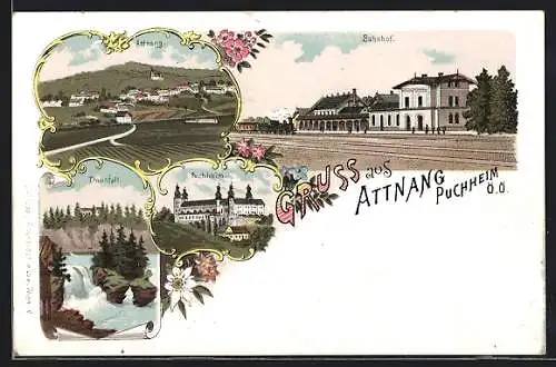 Lithographie Attnang-Puchheim, Bahnhof, Traunfall, Teilansicht