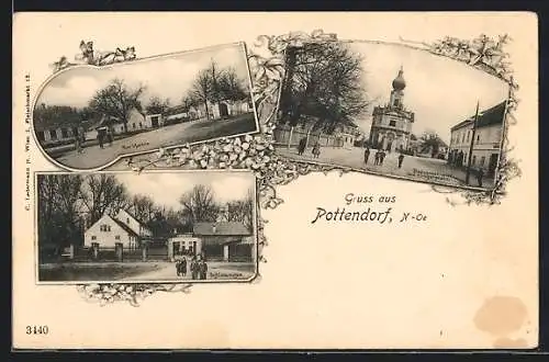 Passepartout-AK Pottendorf /N.-Oe., Am Markte, Schlossmühle, Badenerstrasse und Kirchenplatz, Blumen