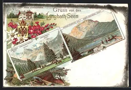 Lithographie Ebensee, Kaiserl. Jagdschloss, Hinterer u. Vorderer See d. Langbath-Seen, Wappen
