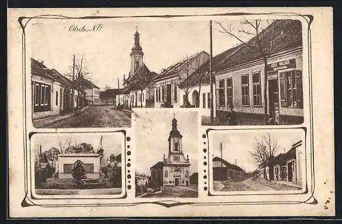 AK Obritz /N. Ö., Strassenpartie mit Gemischtwaren Adolf Walcher, Kriegerdenkmal, Kirche