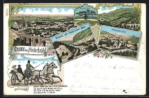 Künstler-AK Hinterbrühl, Ortsansicht, Klausen mit elektrischer Bahn, Vorderbrühl, Mödling, Kutsche
