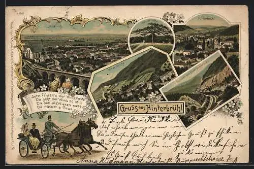 Lithographie Hinterbrühl, Blick auf Mödling, Breite Föhre, Klausen mit Elektrischer Bahn, Pferdekutsche