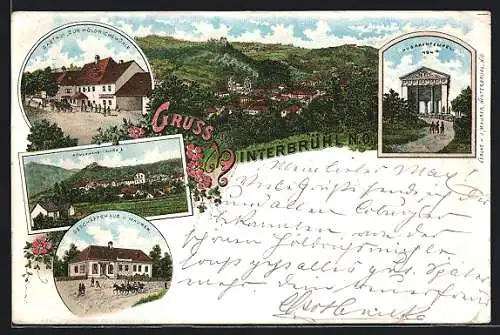 Lithographie Hinterbrühl /N. O., Gasthof zur Höldrichsmühle, Geschäftshaus Mauser, Husarentempel, Ortsansicht