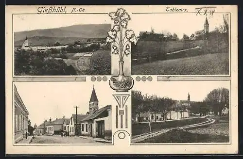 AK Giesshübl, Strassenpartie mit Geschäft, Tableaux, Ortspartie