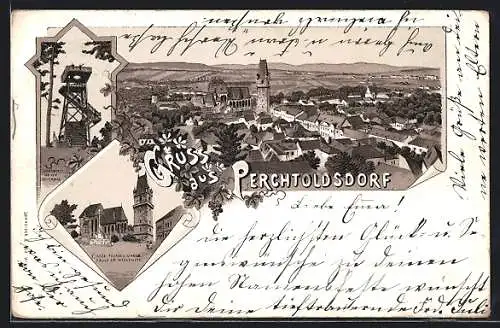 Lithographie Perchtoldsdorf, Blick über die Dächer, Josefswarte auf dem Föhrenberg, Mariensäule