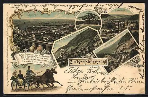 Lithographie Hinterbrühl, Blick auf Mödling, Breite Föhre, Klausen mit Elektrischer Bahn, Pferdekutsche