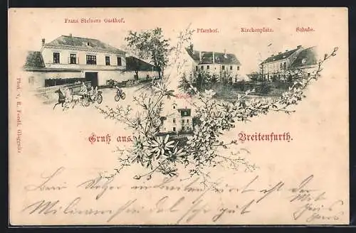 AK Breitenfurth /N.-Oe., Franz Stelzers Gasthof, Kirchenplatz mit Pfarrhof und Schule