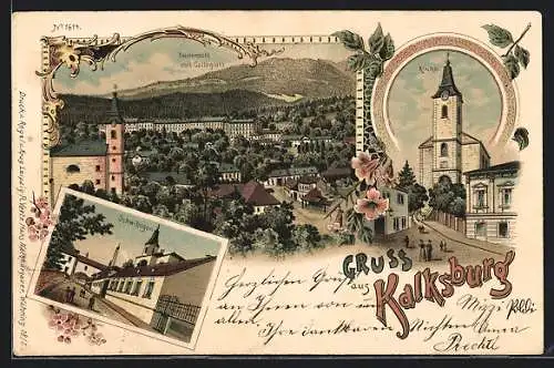 Lithographie Wien-Kalksburg, Teilansicht mit Collegium, Kirche, Schwibogen