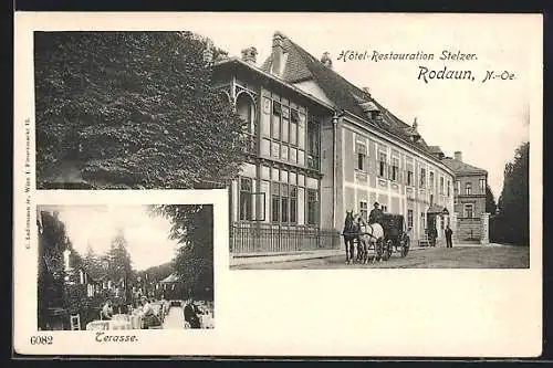 AK Rodaun /N.-Oe., Stelzers Hotel und Restauration mit Strasse, Kutsche und Terrasse
