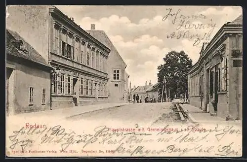 AK Rodaun, Hauptstrasse mit Gemeindehaus und Schule