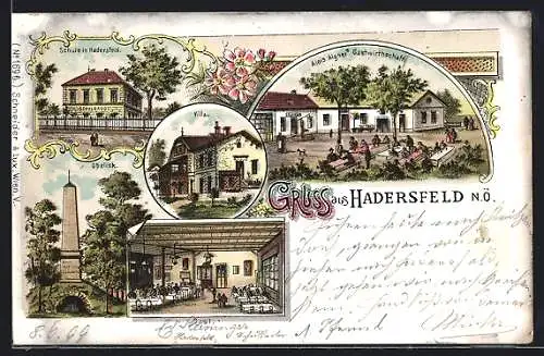 Lithographie Hadersfeld /N. Ö., Gasthaus Alois Aigner mit Saal, Schule, Obelisk